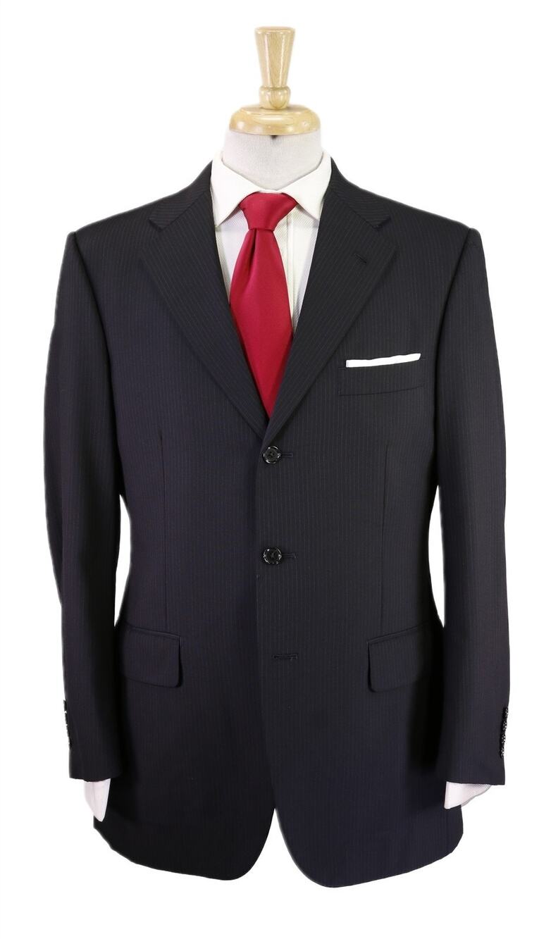 Paul Stuart Black Thin Striped 3-Btn Wool Suit 40R